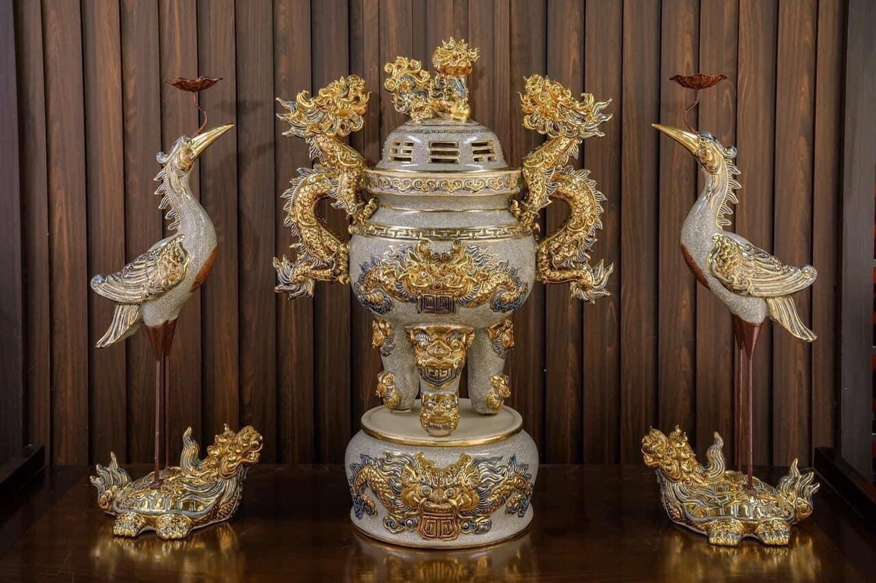 Bộ đỉnh hạc dạn nổi vẽ vàng h58