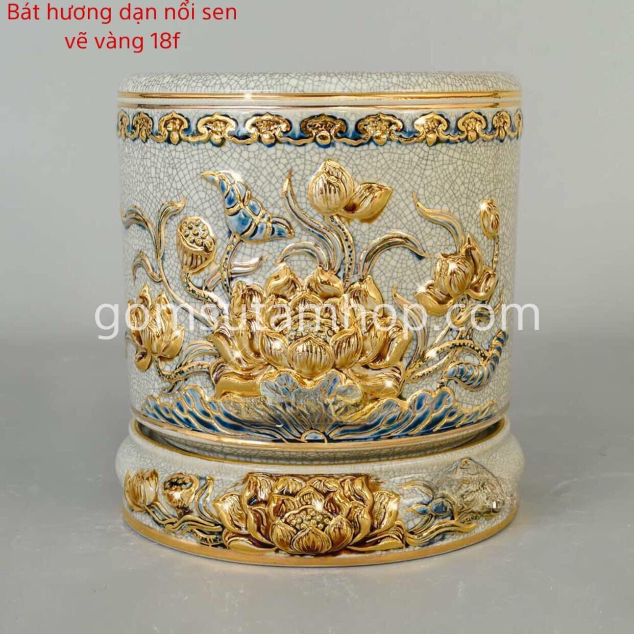 Bát hương dạn nổi sen vẽ vàng H16