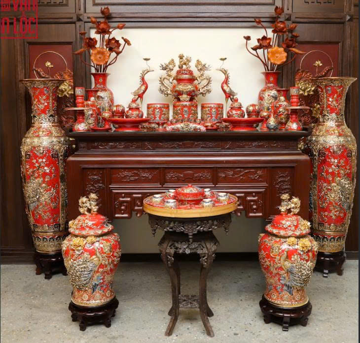 Full bộ thờ men rạn đỏ cao cấp