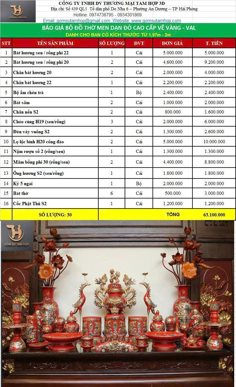 Full bộ thờ men rạn đỏ cao cấp